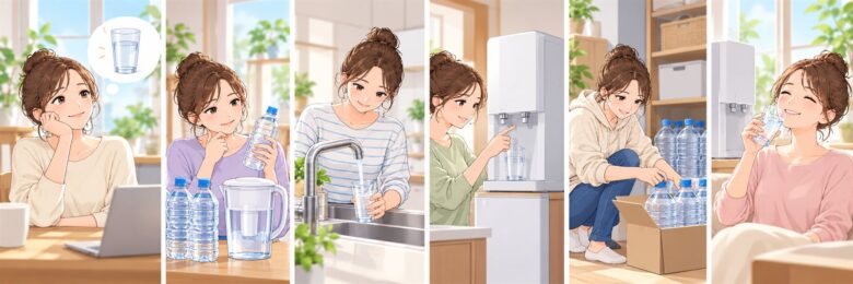 ペットボトル、浄水ポット、水道水、ウォーターサーバーなど、飲み水の選択肢を6つの場面で表したイメージ